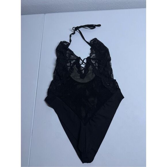 FREDERICK'S OF HOLLYWOOD Bodysuit Black Size M/lLace Sheer - Picture 1 of 8